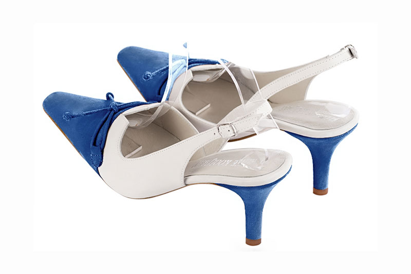 Electric blue and pure white women's open back shoes, with a knot. Tapered toe. High slim heel. Rear view - Florence KOOIJMAN